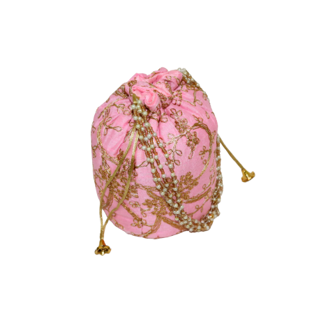 Handmade Pink Cotton Potli Bag with Beadwork and Gold Embroidery